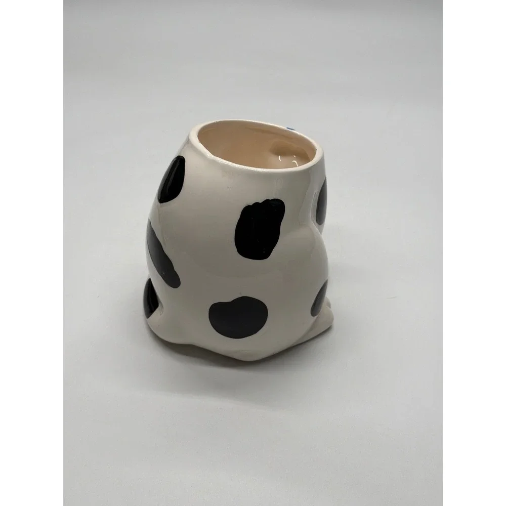 King Fong Pottery Corp Dog Planter‎ Pot Black Spots Gold Bow Blue Ribbon Base